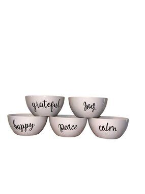 Set Of 5 Signature Housewares Ceramic Bowls With Inspirational Text: Happy Grate